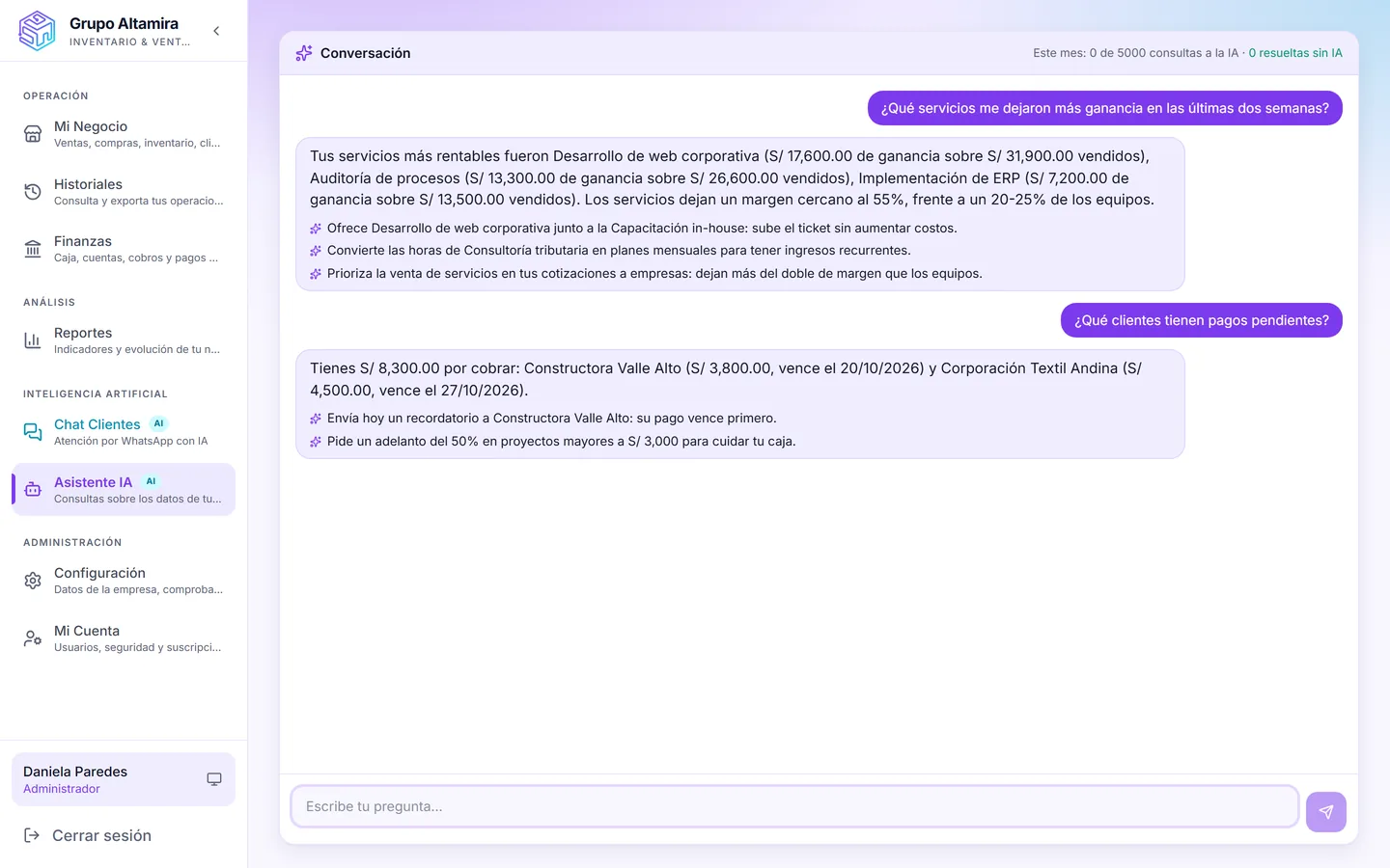 Asistente de IA de Nexia Empresas respondiendo sobre ventas y clientes
