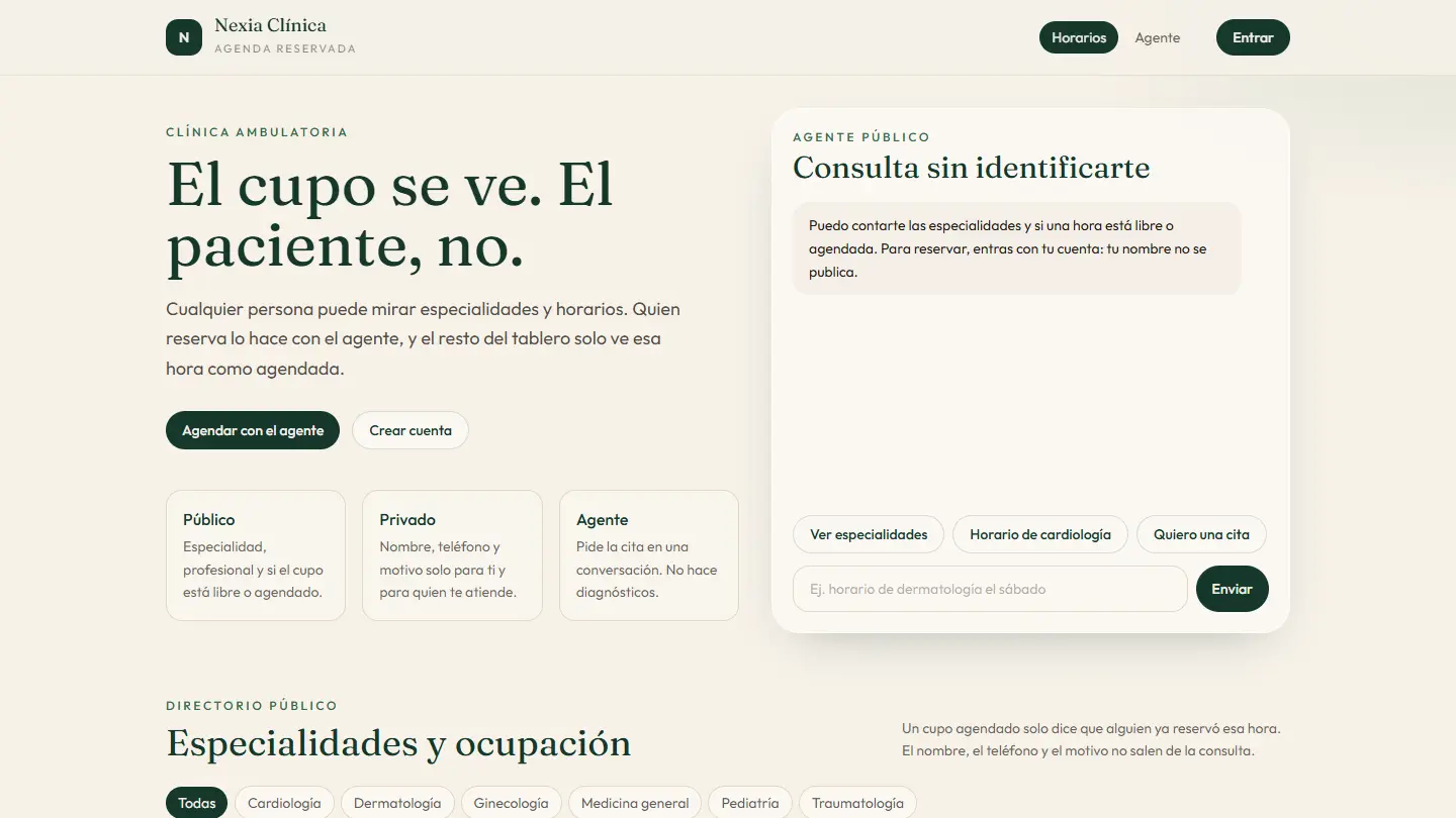 Portada de Nexia Clínica: horarios públicos y el agente que agenda las citas